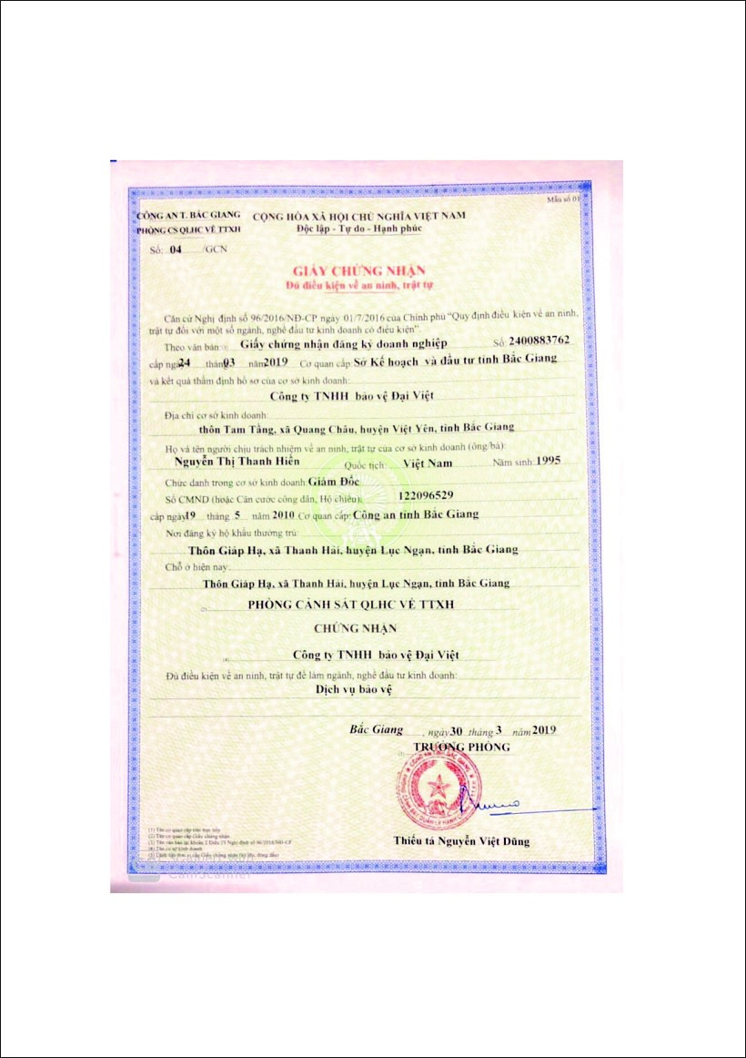 giấy chứng nhận an ninh trật tự bảo vệ đại việt