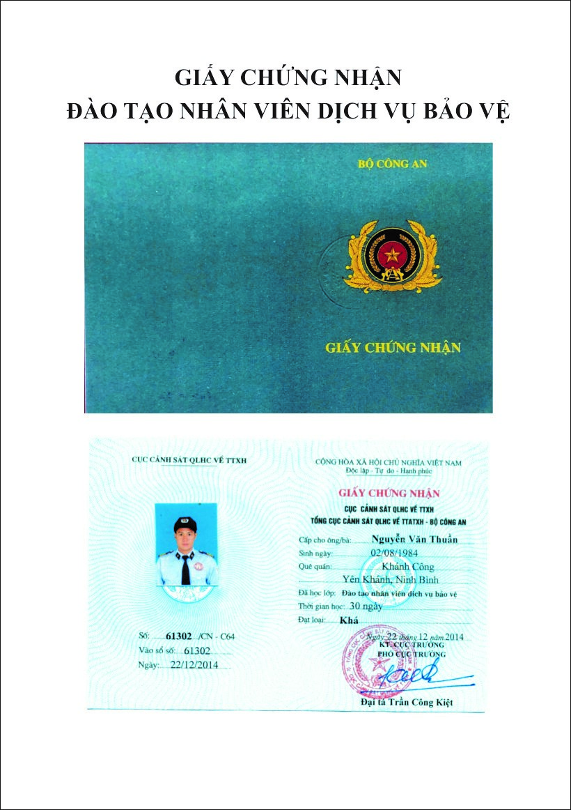 giấy chứng nhận đào tạo nhân viên dịch vụ bảo vệ